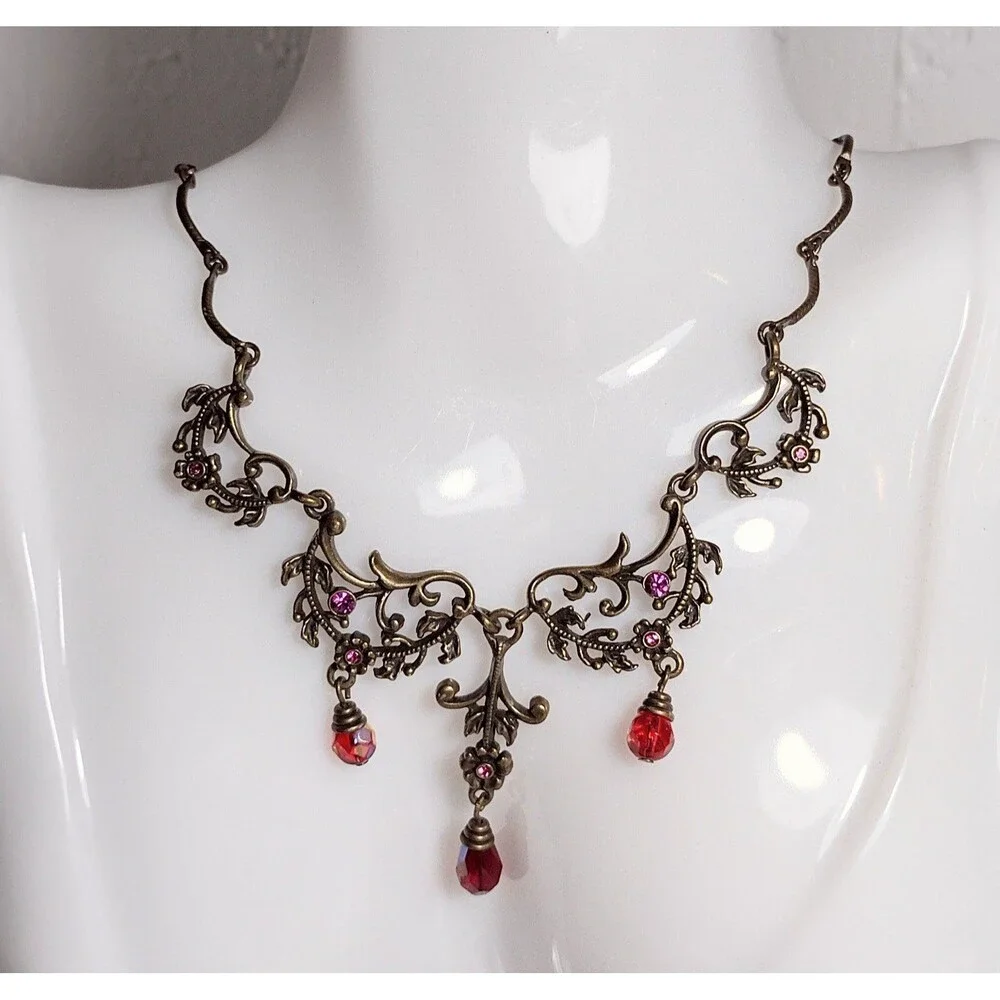 Avon Vintage Bronze Tone Rhinestone Bib Necklace